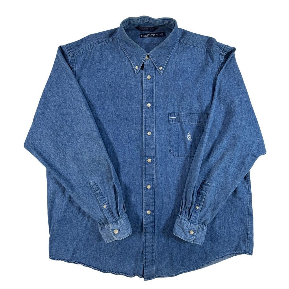 Nautica Mens XXL Denim Button Down Shirt Blue‎ Long Sleeve Cotton J-Class Logo